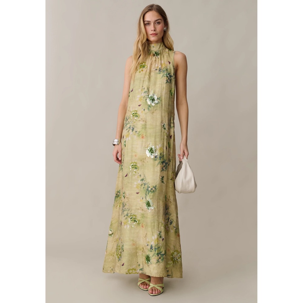 o.p.t Naia Sage Green Floral Sequin High Neck Maxi Dress Back Tie Size XS